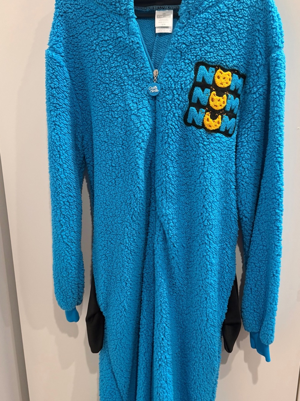 Sesame Street Bright Blue Fleece One-Piece with 'Nom Nom' Patch